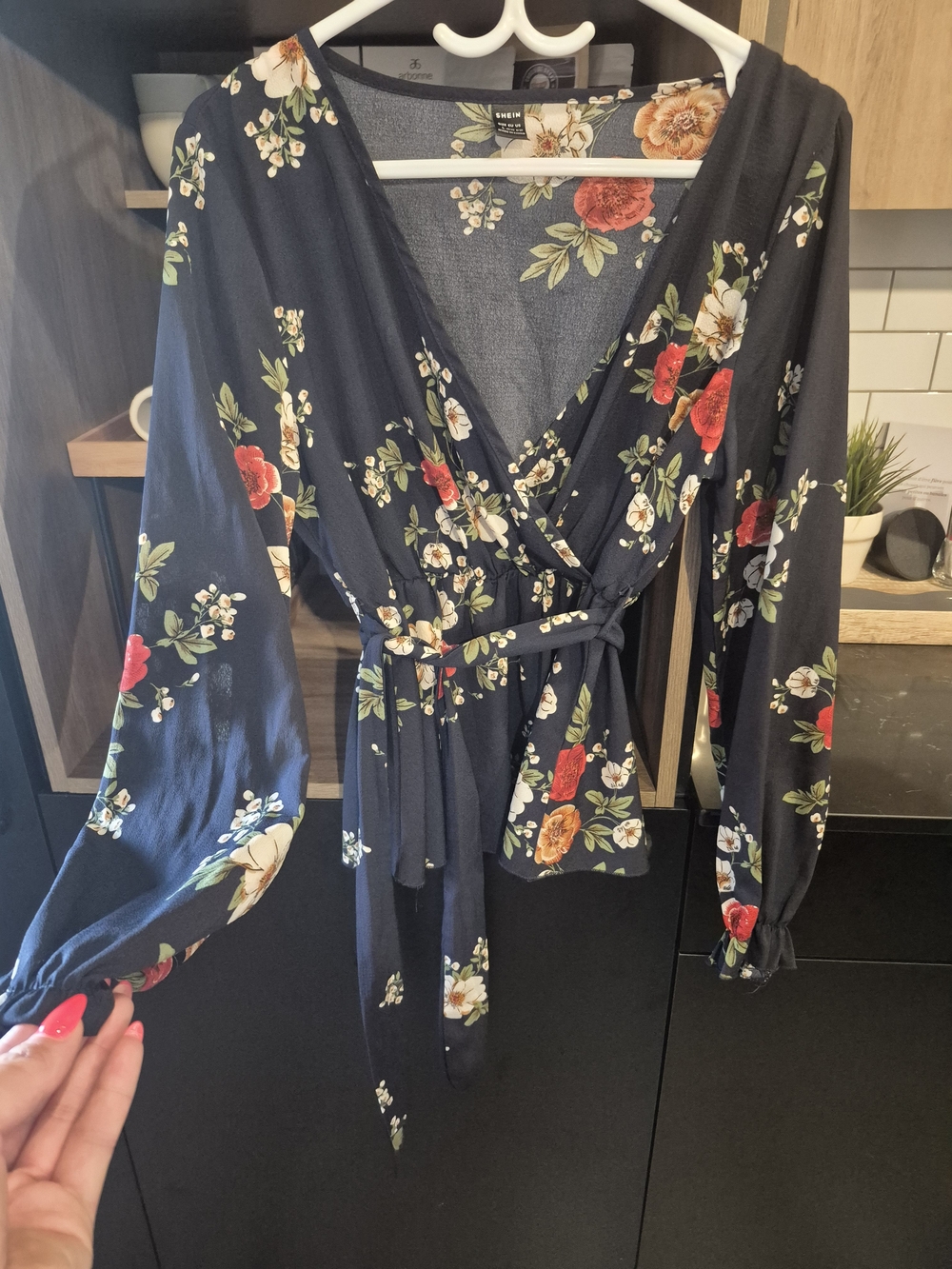 SHEIN Navy Floral Wrap Top with Red & Cream Accents